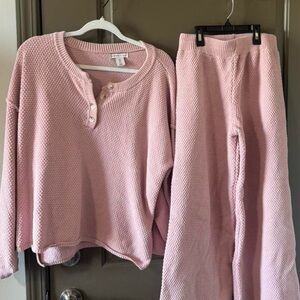 Sincerely Jules Pink Waffle Knit Lounge Set - Top & Wide Leg Pants